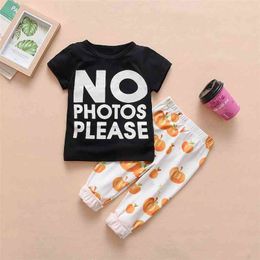 0-2 Years Baby Summer two-piece Suit Letter Print Short-sleeved T-shirt + Pumpkin Pants Sets 210528