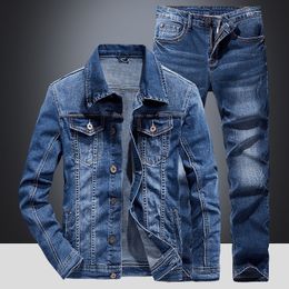 Simple Blue Jacket and Jeans 2pcs Sets For Men Slim-fit Korean-style Stretch Workwear Spring Autumn Bussiness Daily Denim Suit