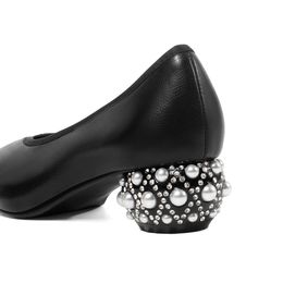 Womens genuine leather crystal heel pointed toe slip-on pumps elegant ladies v-opening comfortable OL style med heel shoes sale