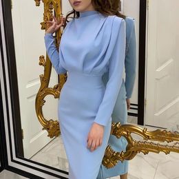 Casual Dresses 2021Fashion Elegant Women High Waist Dress Stand Collar Slim Solid Blue Ankle Length Autumn Long Sleeve Party
