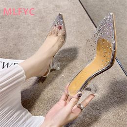 Sandals Female 2022 Summer Dress Pointed Transparent Single Shoes Net Red Crystal Stiletto High Heels With Skirt