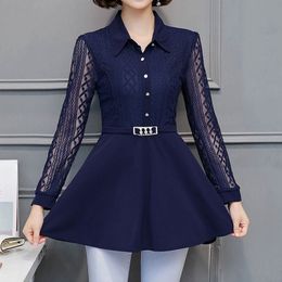 Women clothing New fashion plus size women's shirts Long Sleeve Sashes Lace blouse shirts hollow out lace blusas 910i5 210225