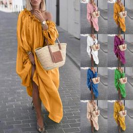 Basic Casual Dresses Women Clothes Autumn Boho Plus Size Off the Shoulder Vintage Dress Loose Maxi Robes Vestidos Femme