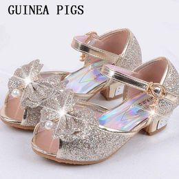 Children Sandals For Girls Weddings Girls Sandals Crystal High Heel Shoes Banquet Pink Gold Blue Gold GUINEA PIGS Brand 210226