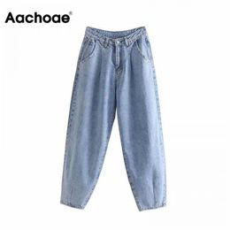 Aachoae Women Blue Harem Jeans Loose mom Jeans High Waist Streetwear Boyfriends Washed Denim Long Trousers Bottoms Slouchy Jeans 210715