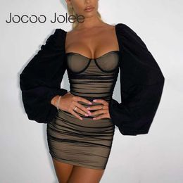 Jocoo Jolee women summer fashion temperament long and puff Sleeves sexy open bank pleated chest wrap hip skirt 210619