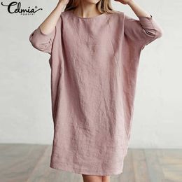 Celmia Women Long Shirt Cotton Linen Dress 3/4 Sleeve Pockets Vintage Dresses Ladies Casual Loose Solid Mini Vestidos Plus Size J190619