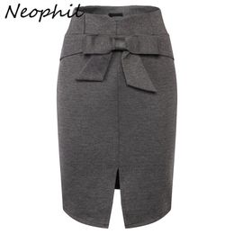 Neophil Winter Ladies Midi Pencil Skirts Women Plus Size 5XL Slim Front Split Bow High Waist Office Work Black Skirt S1112 210309