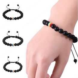 Natural Lava Stone Rainbow Bracelet Bangle 7 Chakra 8mm Essential Oil Diffuser Bracelets for Men Women Jewellery