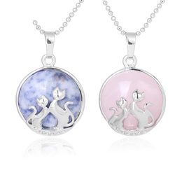 Lucky Double Cat Kitty Necklace Natural Stone Charm Pendant for Women Amethyst Pink Crystal Lapis Lazuli Romantic Lover Jewellery