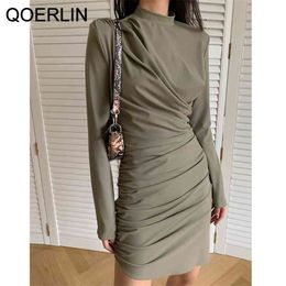 Pleated Stretch Dress Women Turtleneck Long Sleeve Above Knee Black Party Female Plus Size Solid Vestidos Summer 210601