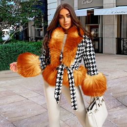 Modèle à carreaux Manteaux en fausse fourrure Faux pour femmes style court Vêtements d'extérieur d'hiver épais de dentelle slim dentelle veste