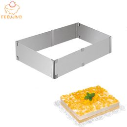 Adjustable Cake Ring Mould Stainless Steel Square Rectangular Mousse Baking Rings Mould Cookie Fondant Cake Mould Ring 004 210225