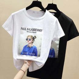 S-XXL Women Summer T Shirts Tops applique T-Shirt Cotton Tshirt White Black Short Sleeve Vetement Femme Korean Clothes 210604