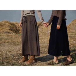 Women's Skirt Long Plus Size Autumn / Winter 100% Wool Long Skirt Leisure Pure Pulling Waist A-Line Knit 211120