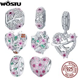 WOSTU Genuine 925 Sterling Silver Plum Blossom Beads Flower Pink Zircon Charm Fit Original Bracelet Pendant DIY Jewelry Making Q0531