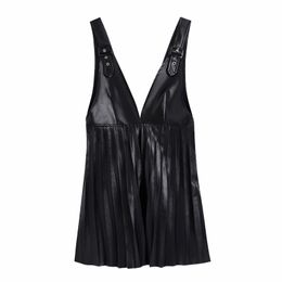 Women PU Leather Deep V Neck Pressed Pleat Splicing Mini Dress Female Sleeveless Clothes Casual Lady Loose Vestido D6967 210316