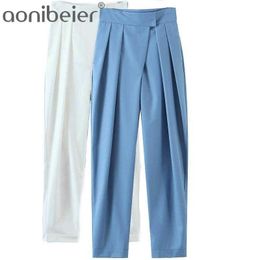Складки детали высокая талия женские костюмы брюки лето тонкие длинные брюки офисные леди случайные свободные женские дна синий 210604