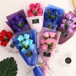 7 Red Rose Simulation Flower Valentines Day Manual Artificial Flowers Multi Colour Soap Small Bouquet Gifts Packing Paper Rope