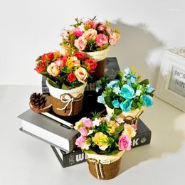 mini roses artificial Canada - Decorative Flowers & Wreaths Artificial Silk Rose Flowers+Rattan Vase Simulation Plants Mini Bonsai Set For Wedding Party Home Garden Decora