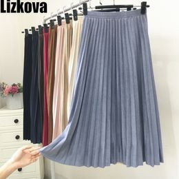 Woman Skirts Solid Color Faux Suede Leather Pleated Skirt Elastic Waist Winter Elegant Ladies Skirts 210309