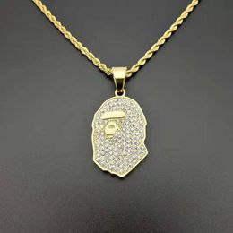 Pendant Necklaces Hip Hop Bling Iced Out Rhinestone Gold Colour Stainless Steel Ape Man Pendants Necklace For Men Rapper Jewellery
