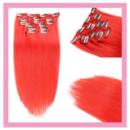 Red Pure Color Clips In Hair Extensions Malaysian 100% Human Hair Products Red Clip On Hair Straight Red 70g 100g