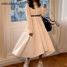 Women Dress Long Sleeve Spring Autumn Vintage Designer Collar Lapel Button Up Ruched Ruffles Cotton White Dress Female Clothes 210316