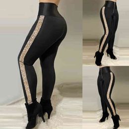 Fashion Women Sweatpants for Sport Side Strip Design Zipper Decor Elastic High Waist Spring Autumn Slim Hips Pencil Pants 211228