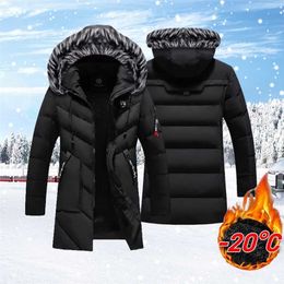 Winter Men Jackets Warm Thick Multi-pocket Hooded Parkas Coats Mens Casual Fleece Fur Collar Windbreaker Padded Overcoat Solid 211204