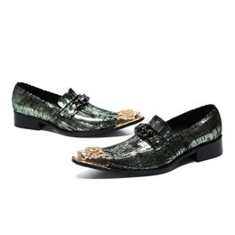 Pointed Toe Dark Green Men Wedding Snakeskin Shoes Mens Genuine Leather Shoe Casual Slip on Dress Suit Shoes High Quality