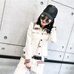 New White Women Denim 2 Piece Sets Fashion High Street Short Coat And Jeans Pants Suit Jacket Trousers Two Piece Outfit