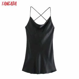 Tangada Women Black Satin Dress Sleeveless Backless Fashion Lady Dresses Robe 3H564 210609