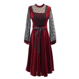 PERHAPS U Black Wine Red Stand Collar Lace Mesh Dot Patchwork Bow Velvet Long Sleeve Midi Dress Fit And Flare Elegant D0872 210529