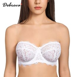 DOBREVA Women's Lace Strapless Bra Plus Size Underwire Unlined Multiway Balconette Bras 211217