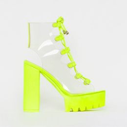 Green Neon PVC Jelly Sandals Open Toe Lace-up Gladiator High Heels Summer Shoes Platform Heel Transparent Sandals Big Size 42 C0309