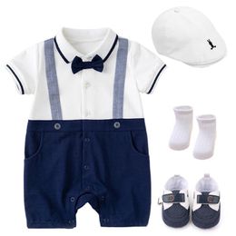 Jumpsuits Baby Jumper + Hat Shoes Socks Set Born Boy Clothes Cotton Summer Children 4 Pieces Outfit Kids First Birthday Gift Party