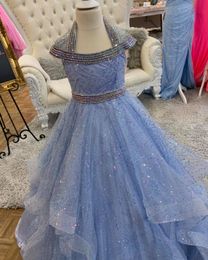 Sparkle Sequins Pageant Dresses for Infant Toddlers Teens 2021 Cap Sleeve ritzee roise Ballgown Long Little Girl Formal Party Gowns Lace-Up Back Tiered Crystals