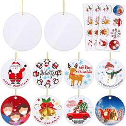 Christmas Ornament Party Sublimation White Ceramic Squard Oval Shaped Decor with Gold String Xmas Tree Hanging Pendant