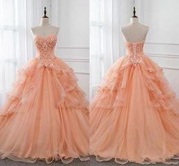 2021 Light Coral Quinceanera Dresses Sweetheart Neckline Tiered Skirt Tulle Beaded Handmade Flowers Sweet 16 Birthday Party Ball Gown 403 403