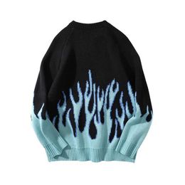 Sweater Men Streetwear Retro Flame Pattern Hip Hop Sunmer New Pull Over Spandex O-neck Oversize Couple Casual Men's Sweaters Y0907