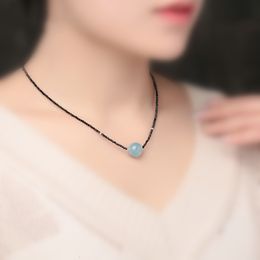 Lily Jewelry Choker Necklace Black Spinel Aquamarine 925 Sterling Silver 15-20'' Drop Shipping Q0531