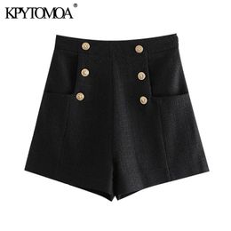 KPYTOMOA Women Chic Fashion With Metal Button Tweed Bermuda Shorts Vintage High Waist Side Zipper Female Short Pants Mujer 210309
