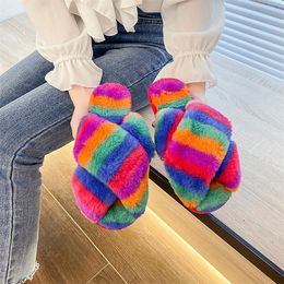 Women Autumn Winter Home Slippers Warm Comfortable Indoor Slippers Ladies Rainbow Color Plush Flip Flops zapatos mujer zapatilla Y1120