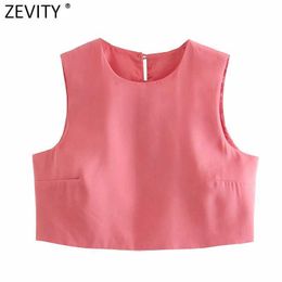 ZEVITY Women Fashion Back Single Breasted Decoration Short Smock Blouse Lady O Neck Sleeveless Vest Shirt Chic Crop Tops LS9309 210603