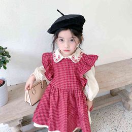 2021 Spring New Korean Style Baby Girls Plaid Smock Embroidery Shirts 2pcs Dresses Sets Toddlers Kids Princess Dress G1218