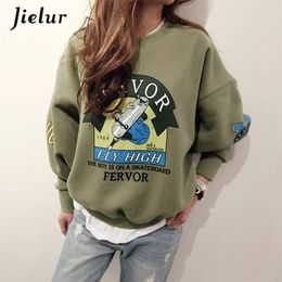 Winter Autumn New Harajuku Funny Cartoon Tracksuit for Women Pullover Fleece Hoodies Loose Female Sweatshirt Army Green 2XL 201102