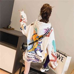 Women hooded graffiti print plus velvet thick ladies ins super fire lazy style jacket spring and autumn thin 210803