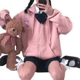 Ulzzang Preppy Style Pocket Hoodie Cartoon Print Women Cute Clothes Harajuku Kawaii Pink Sweatshirt girls Anime Zip Up Hoodies 211220