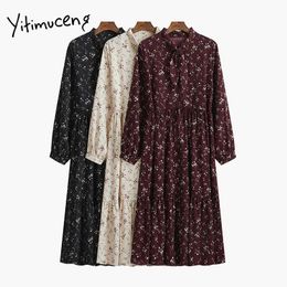 Yitimuceng Vintage Dresses for Women Spring Floral Print Bow Long Sleeve Black Party Elastic Waist Plus Size Woman Dress 210601